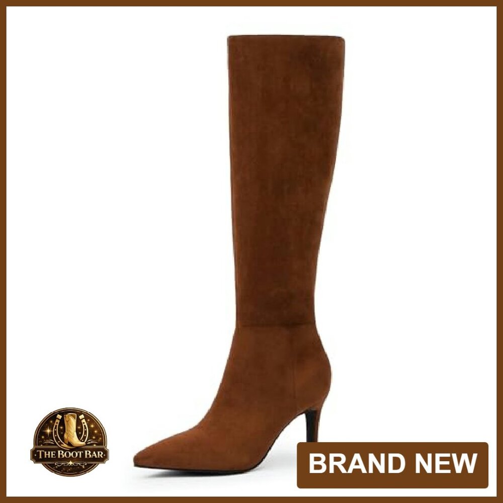 Women's Knee High Boots Pointed Toe 3 Inch Heel Side Zipper PU Leather - Picture 2 of 8